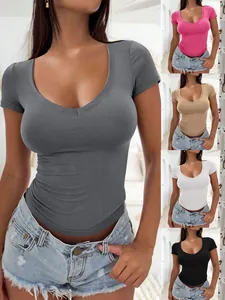 Women's Slim Fit V Neck Short Sleeve T Shirt Polyester Solid Color Mercerized Y2K Style Streetwear Fashion Top For Daily Wear