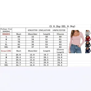 Größentabelle für Damen-Langarmshirt mit Karree-Ausschnitt und Materialinfo