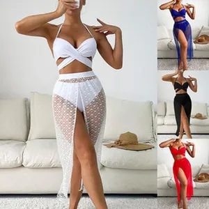 Three-piece bikini set with sheer mesh heart pattern cover-up skirt available in multiple colors