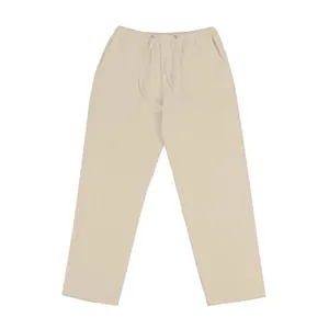 Casual men's linen trousers in beige featuring elastic drawstring waist and side pockets