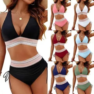 Collage of two-piece bikini sets with high-waisted bottoms in multiple solid colors