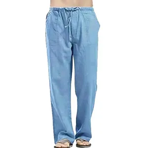 Men's loose light blue linen casual trousers with drawstring waist and side pockets