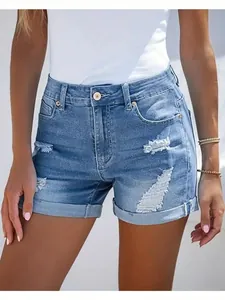 Stylish casual high-waisted denim shorts with distressed ripped details and folded hems