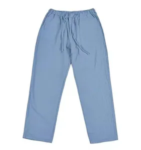 Front view of light blue linen trousers with drawstring elastic waist and pockets