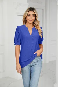 Stylish blue V-neck eyelet top with puff sleeves for a casual summer look