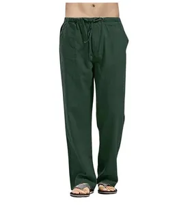 Men's loose dark green linen casual pants with drawstring waist and side pockets