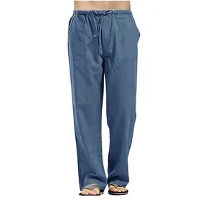 Men's loose blue linen casual pants with drawstring waist and pockets
