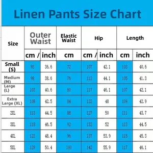 Men's loose linen pants size chart with waist, hip, and length measurements in cm and inches.