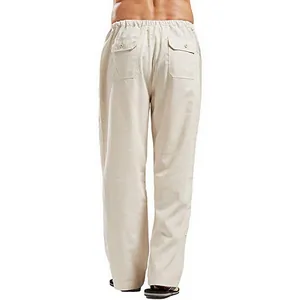 Rear view of men's loose beige linen casual pants featuring back pockets