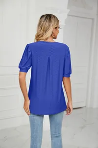 Detailed back view of a royal blue hollow puff sleeve casual summer top