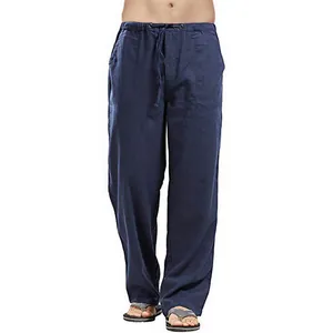 Men's loose-fit linen casual pants in navy blue featuring a drawstring waist and side pockets