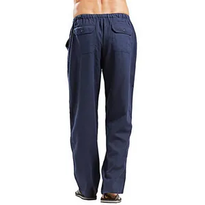 Detailed back view of men's loose navy linen casual pants featuring buttoned pockets
