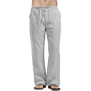 Front view of men's loose linen trousers with drawstring waist and light grey finish.