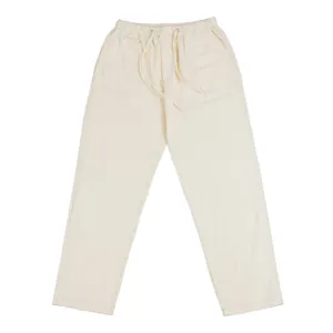Full view showing the drawstring waist and pockets of men's off-white linen casual pants