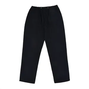 Front view flat lay of men's loose black linen casual long pants with drawstring waist