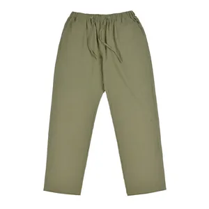 Olive green men's loose linen drawstring casual pants with pockets and elastic waist