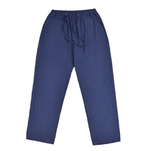 Navy blue men's loose linen casual pants with drawstring and side pockets detail