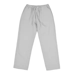 Flat lay of men's loose linen casual trousers in light gray with drawstring