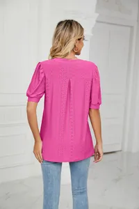 Back view of magenta eyelet hollow-out short puff sleeve casual loose v-neck summer top