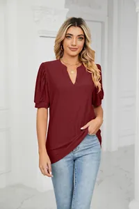 Detail of burgundy V-neck blouse with hollow-out bubble sleeves for women