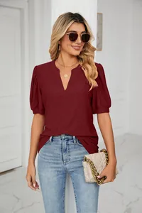 Summer casual red V-neck hollow-out puff sleeve top for women stylish daily wear