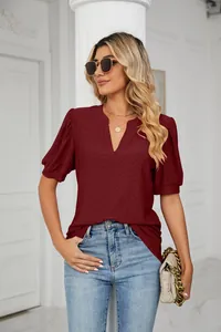 Women's burgundy V-neck hollow-out puff sleeve loose casual summer t-shirt top detail view