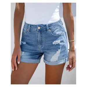 Short en jean taille haute pour femme avec détails déchirés et ourlets retroussés tendance