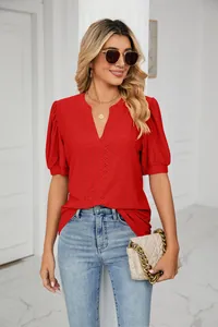 Casual women's red V-neck blouse featuring hollow-out patterns and puff sleeves