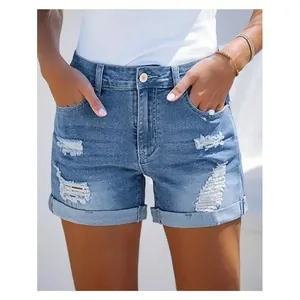 Short en Jean Taille Haute pour Femmes Effet Usé Déchiré Ourlet à Revers Mélange de Coton Mode Short en Jean Stretch Streetwear