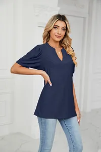 Navy blue V-neck t-shirt with puff sleeves and delicate eyelet detailing