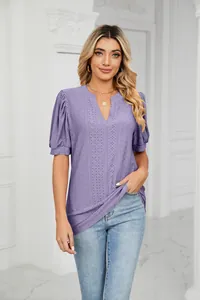 Detail view of lavender V-neck eyelet puff sleeve loose casual summer top for women