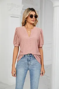 Elegant pink V-neck eyelet puff sleeve casual top for women's summer fashion style