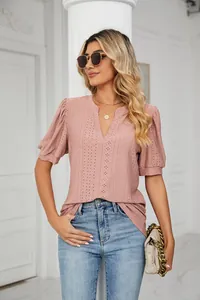 Summer casual V-neck hollow-out puff sleeve T-shirt top with elegant details