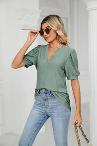 Elegant sage green eyelet puff sleeve V-neck blouse for women's casual summer style wear