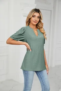 Detail of women's sage green eyelet puff sleeve V-neck loose casual summer T-shirt