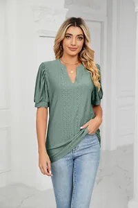 Detailed view of women's summer casual V-neck eyelet puff sleeve T-shirt in sage green