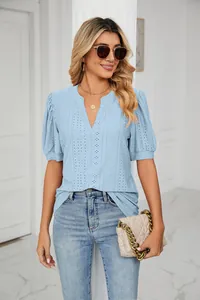 Detailed look at the summer casual light blue V-neck top with hollow-out puff sleeves