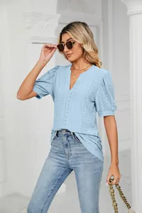 Detail showing elegant eyelet embroidery and puff sleeves on a light blue V-neck blouse