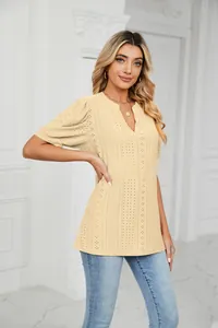 Summer casual V-neck T-shirt with yellow eyelet fabric and puff sleeves detail