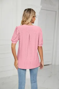 Detailed back view of a pink summer casual eyelet puff sleeve loose T-shirt for women