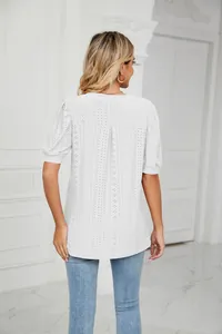 Detailed back view of a white eyelet hollow bubble sleeve loose summer casual T-shirt top