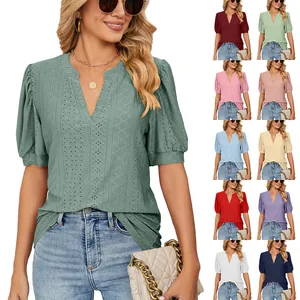 Women's V-Neck Puff Sleeve Hollow Out T-Shirt Casual Cotton Blend Solid Color Loose Fit Short Sleeve Summer Fashion Top