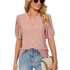 Elegant pink V-neck hollow out puff sleeve casual summer top for women