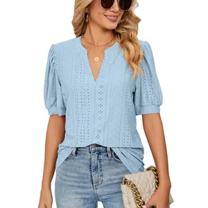 Elegant women's light blue V-neck eyelet puff sleeve T-shirt for casual summer outings