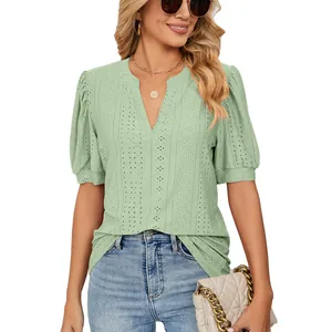 Casual women's V-neck eyelet puff sleeve T-shirt in light green for summer fashion