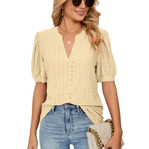 Stylish beige V-neck eyelet puff sleeve loose t-shirt for women summer casual fashion wear