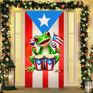 Colorful festive Puerto Rico themed door banner with a Coqui frog playing maracas and drums