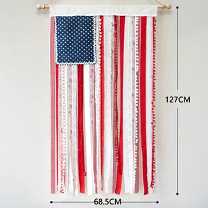 Handmade American flag ribbon wall hanging for Independence Day decor, 68.5x127cm.
