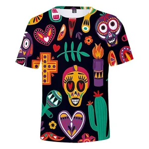 Mexican Day of the Dead T-shirt featuring colorful 3D sugar skull and folk art prints