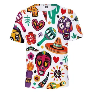Vibrant Day of the Dead sugar skull 3D printed T-shirt with Mexican cultural patterns